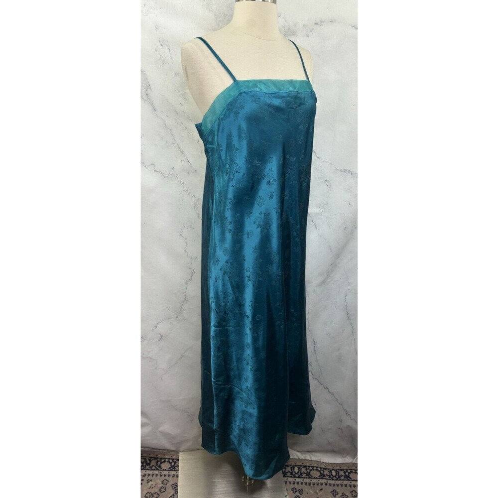 Vintage Nightgown Slip Dress M L Nightie Satin TEAL Blue BROCADE Whimsical fairy - Picture 9 of 14